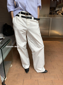 LONSLAN双腰带白色阔腿裤