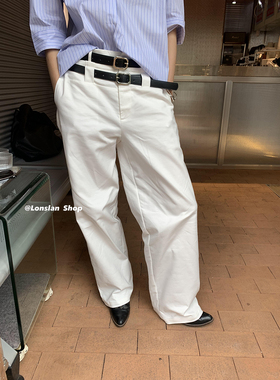 LONSLAN双腰带白色阔腿裤