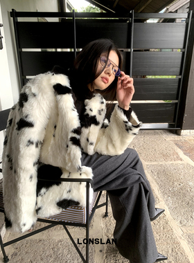 LOSLAN 2024秋冬新款小众设计复古奶牛纹拼色毛毛保暖外套上衣女
