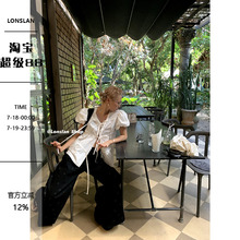 LONSLAN 2025春夏新款甜美蝴蝶结绑带开衫褶皱泡泡袖衬衫上衣女
