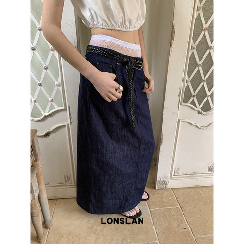 LONSLAN 2025春夏新款 深蓝色低腰显瘦长款百搭牛仔直筒包臀半裙