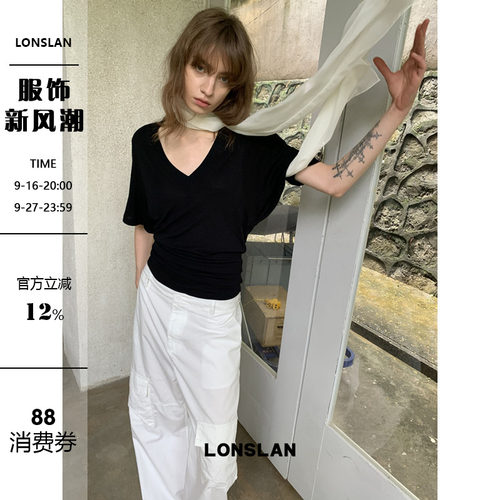 LONSLAN2026夏季新款V领收腰蝙蝠袖短袖T
