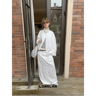 LONSLAN 2026春夏新品白色立领西系扣缎面夹克+半裙套装