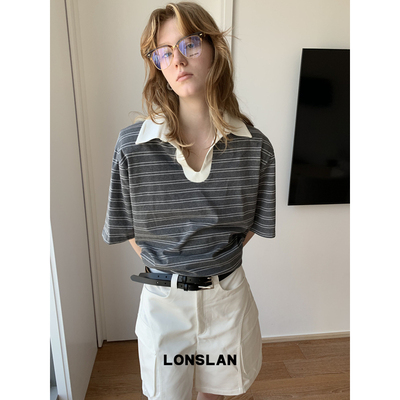 LONSLAN25SUMMER 拼色翻领宽松条纹短袖T