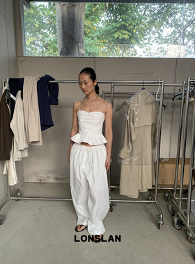 LOSLAN 25SS春夏新款 简约气质纯白色褶皱荷叶边吊带+抽绳阔腿裤