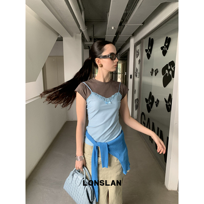 LONSLAN25SUMMER 舒适蕾丝蝴蝶结吊带假两件拼接短袖T