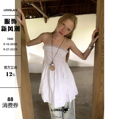 LONSLAN 2024 SUMMER 7/8 20:00NEW蝴蝶结刺绣裹胸娃娃上衣