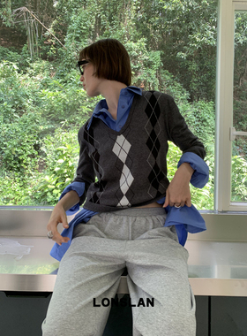 LONSLAN 2025秋季新款 秋冬复古英伦风U领菱格针织长袖T