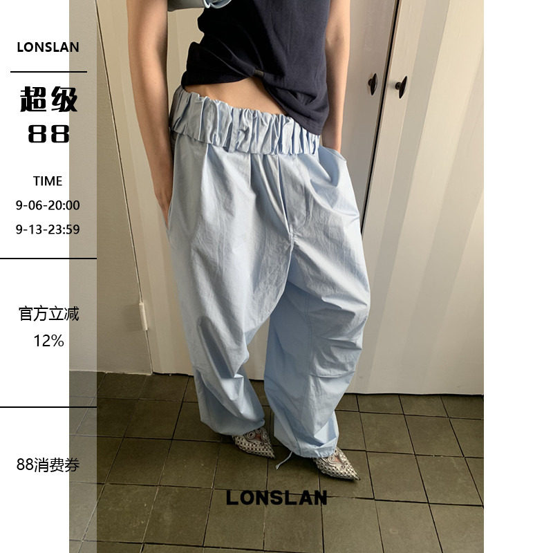 LONSLAN 2026夏季新款宽边腰头浅蓝色阔腿裤裤脚可抽绳图片