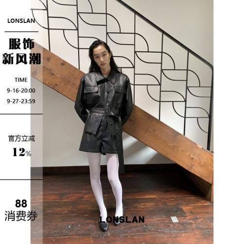 LONSLAN2025早秋新款 腰带口袋皮衣外套+短裤套装