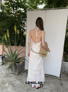 LONSLAN25SUMMER 绑带露背长款绣花吊带连衣裙