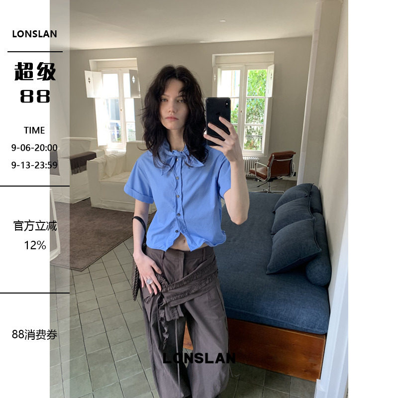 LONSLAN 26SUMMER蓝色领结扭扭短款衬衫图片