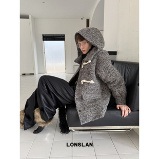 LONSLAN 小众设计高级感花灰呢子连帽牛角扣夹棉外套 2024秋冬新款
