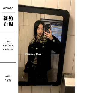 黑色灯芯绒拼豹纹毛毛领保暖修身 新款 外套上衣女 2023冬季 LOSNLAN