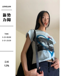 T恤女夏季 LONSLAN 短袖 小众简约印花短款 百搭显瘦上衣 2022summer