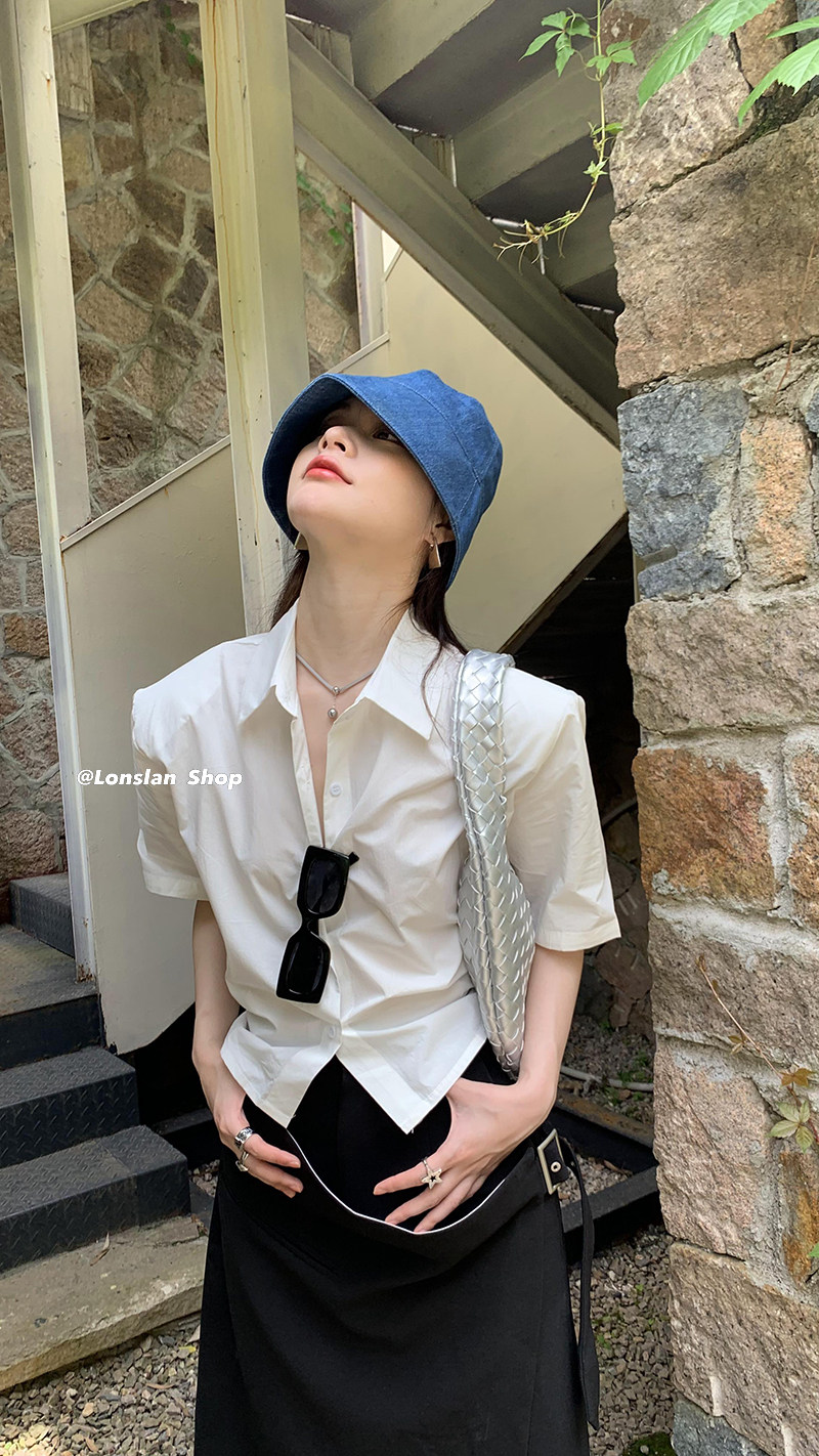 LONSLAN 2022summer小众设计感后背绑带短袖衬衫女款夏季百搭上衣