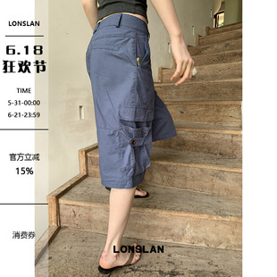 LONSLAN 2026SUMMER 夏季深蓝色口袋工装七分裤