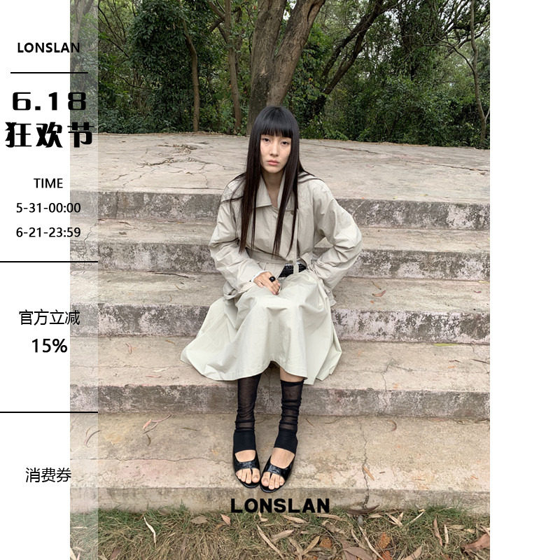 LOSLAN 25SS春夏新款 卡其色薄款风衣外套+腰带半裙套装
