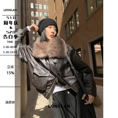 LONSLAN 25AW 12.8  00:00NEW  大毛领复古黑棕色皮衣外套