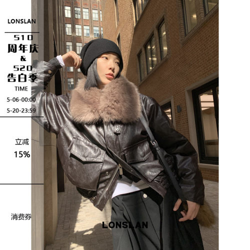 LONSLAN 25AW 12.8  00:00NEW  大毛领复古黑棕色皮衣外套
