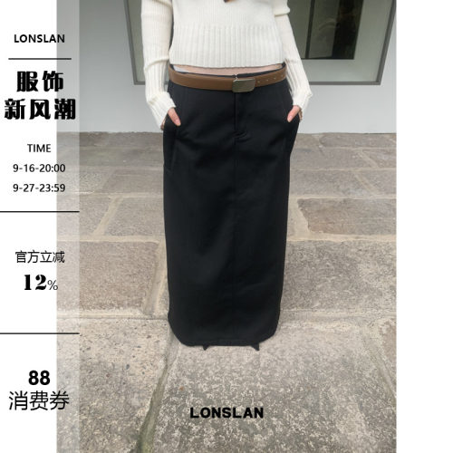LOSLAN 2024秋冬新款韩系学院风长款直筒高腰显瘦A字西装半裙女