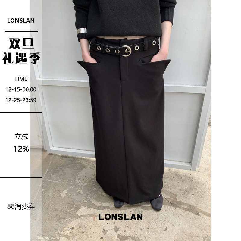 LONSLAN 2025秋季新款 翻边口袋设计毛呢厚款半裙