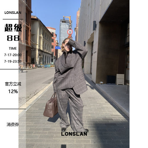 LONSLAN24WINTER 12/9 20:00NEW不规则扣格纹西装外套+茧型西装裤