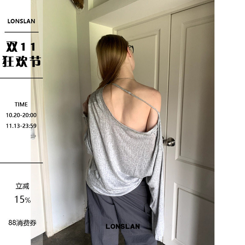 LONSLAN 2025新款小众设计宽松斜边露肩随意慵懒长袖防晒T恤上衣