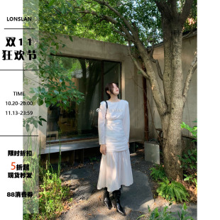 Lonslan 圆领设计感小众收腰气质白色中长款连衣裙女泡泡袖
