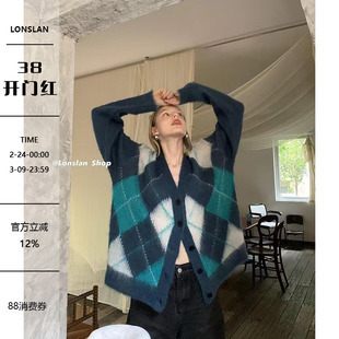LONSLAN 2022 AW 9/19 20:00NEW拼色菱格马海羊毛开衫