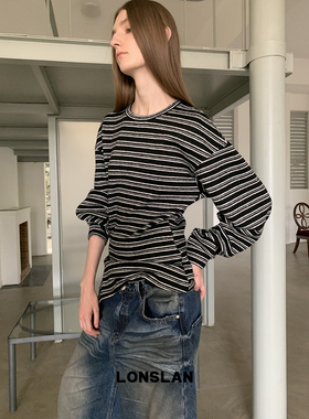LONSLAN  2025秋季新款 侧开叉收腰条纹针织毛衣