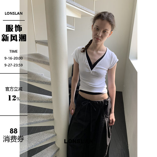 LONSLAN25SUMMER  V领系扣收腰正肩短袖T