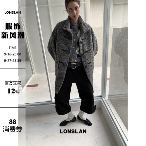 LONSLAN  2025秋季新款 羊毛混色呢子牛角扣中长款大衣