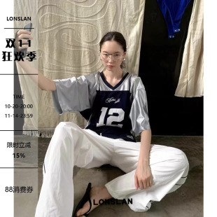 复古宽松男友力拼色运动数字短袖 LONSLAN 美式 新款 T恤女 2024夏季