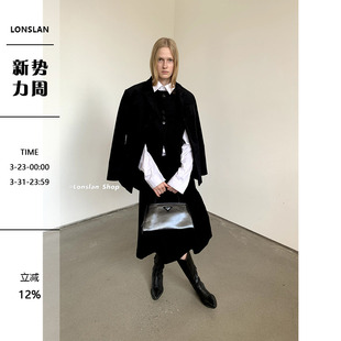 LONSLAN2023秋冬百搭修身 马甲半裙黑色外套英伦风灯芯绒三件套女