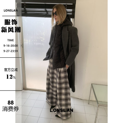 LONSLAN 2024秋冬新款休闲时尚百搭格纹直筒宽松阔腿裤长裤女