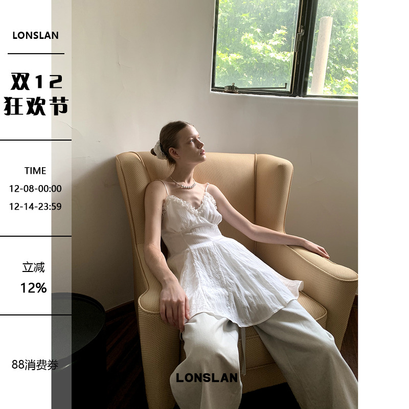 LONSLAN 2024SUMMER5/31 20:00NEW 缎面花边收腰吊带短裙连衣裙