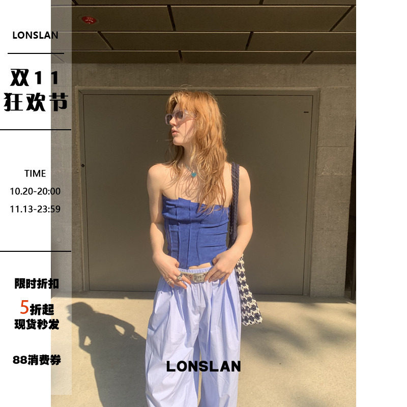 LONSLAN25SUMMER 不规则裁剪蓝色麂皮抹胸