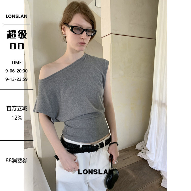 LONSLAN 2026SUMMER 夏季斜肩收腰不规则设计短袖T图片