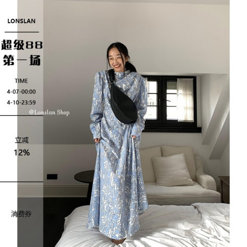 Lonslan复古碎花连衣裙女