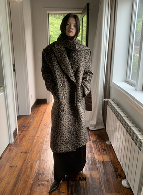 LOSLAN 2024秋冬新款 复古豹纹长款西装领围脖中长款毛呢大衣外套