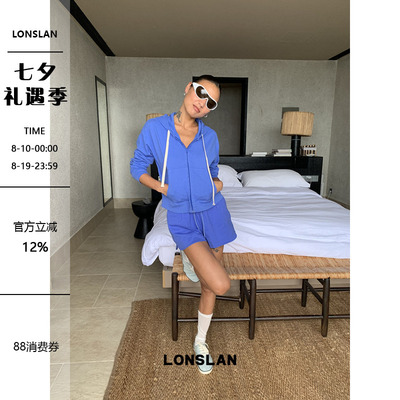 LONSLAN 2026夏季新款蓝色连帽防晒短款卫衣外套+短裤松驰套装