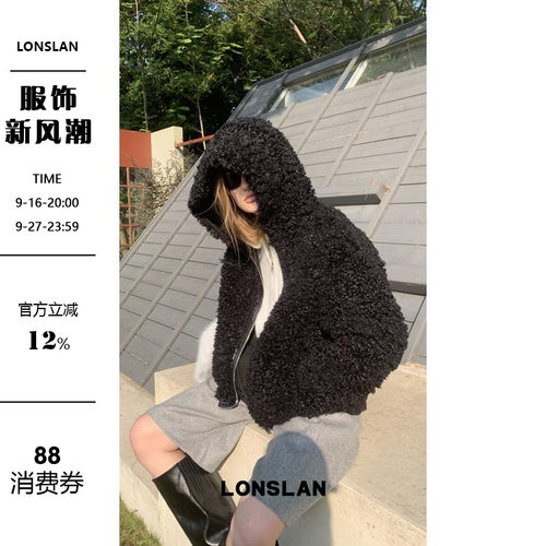 LONSLAN 24WINTER 11/10 20:00NEW 黑色羊羔毛连帽外套