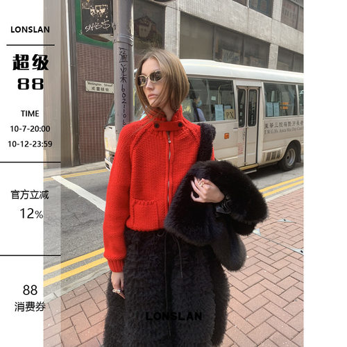 LONSLAN24WINTER 11/30 20:00NEW新年圣诞口袋立领红色毛衣