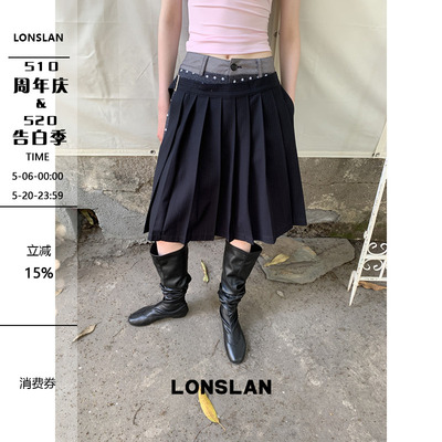 LONSLAN 2026春夏新品设计感拼接波点百褶裤裙七分裤