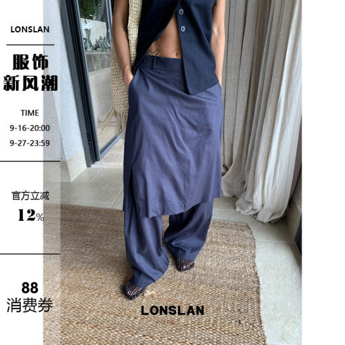 LONSLAN 2026夏季新款藏青色假两件侧开叉裙裤