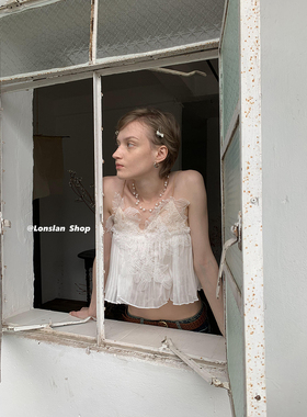 LONSLAN 纯欲风高级感立体刺绣蕾丝花边性感纱质吊带内搭背心