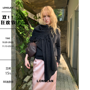 LONSLAN 2026AW羊毛圆领侧开叉毛衣+大流苏围巾披肩
