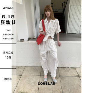 LONSLAN25SUMMER  镂空花朵短袖衬衫+口袋抽绳裤套装