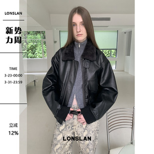 复古棕黑色毛领机车皮衣外套 新款 LONSLAN 2025秋季